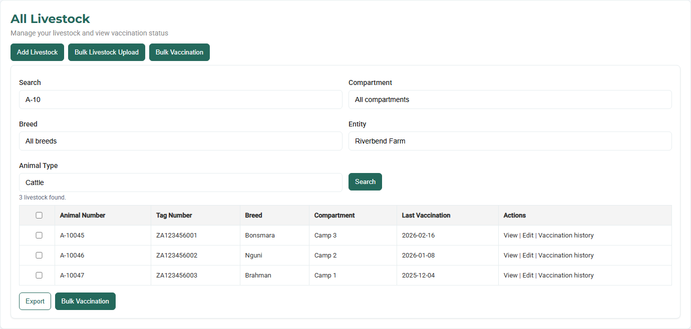 AIMS livestock list showing herd records