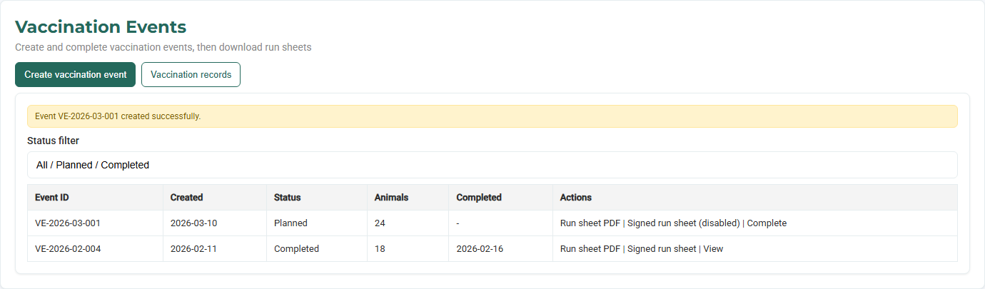 AIMS vaccination events list
